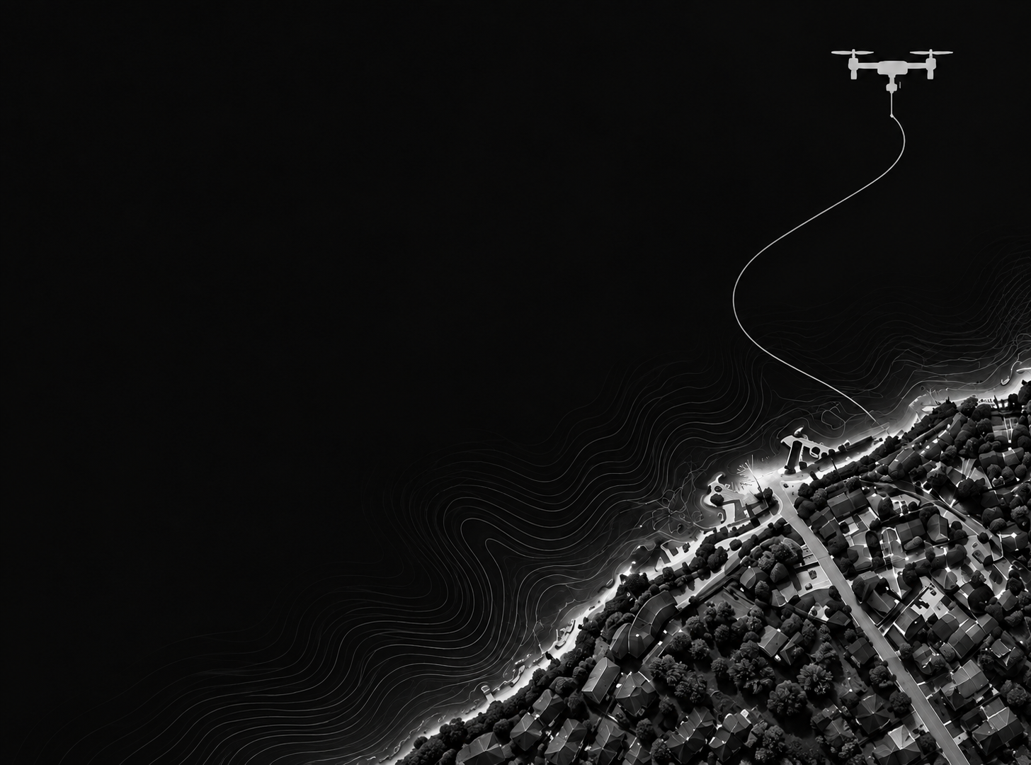 Monochrome coastal neighborhood artwork with a drone and curved flight path
